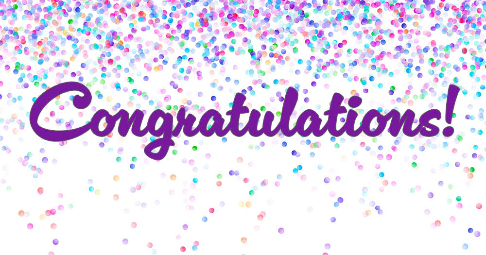 Graphic featuring a background of colorful confetti with congratulations in a script font in the foreground