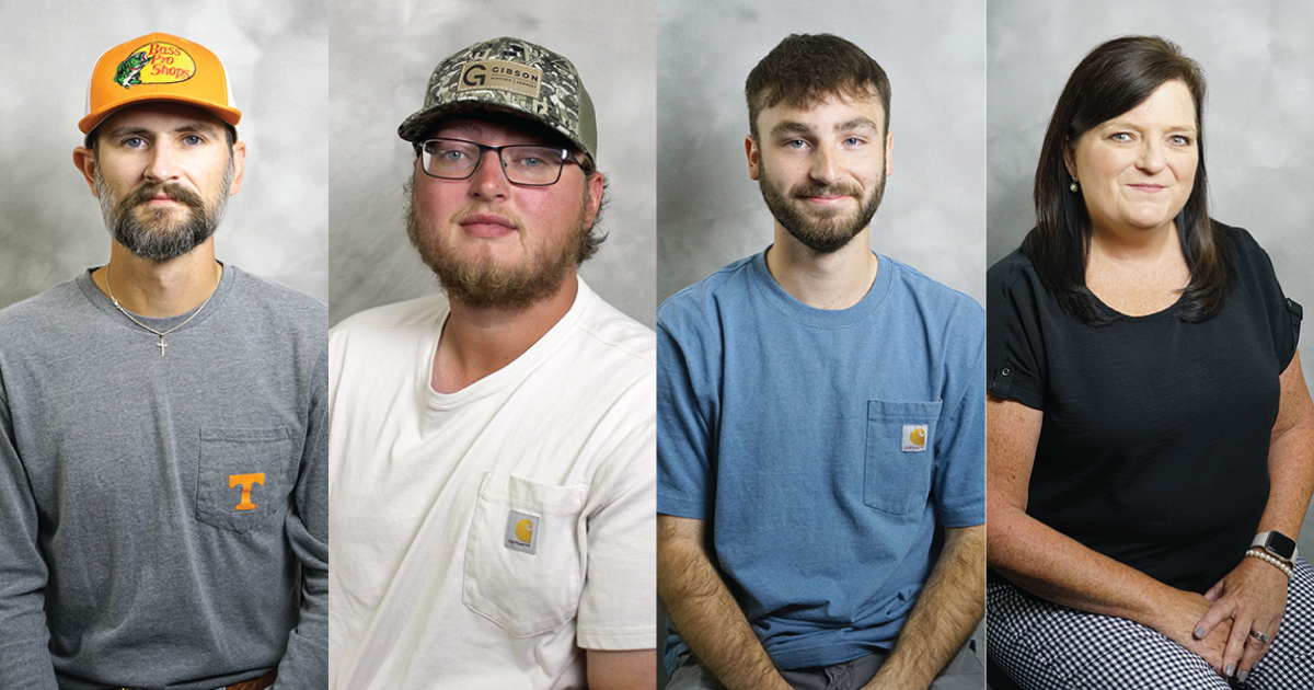 Composite image of four new employees. From left to right: a man in an orange cap and gray shirt with an orange "T" on the pocket; a man in a camouflage cap, glasses, and white shirt with a logo; a man in a blue shirt with a logo and facial hair; and a woman in a black top and checkered pants, seated with hands resting on her legs.