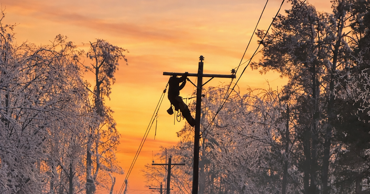 A utility lineworker climbs a power pole surrounded by snow‑ and ice‑covered trees at sunset while working to restore power after Winter Storm Fern.