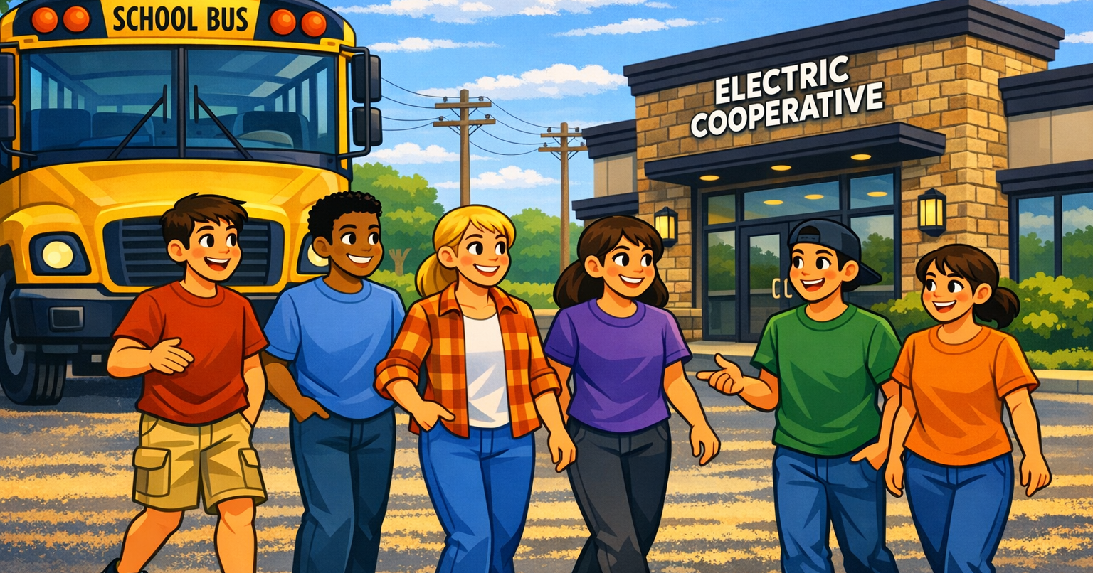 Illustration of five high school–age students walking together from a yellow school bus toward an electric cooperative building, with rural power lines, trees, and a blue sky in the background.