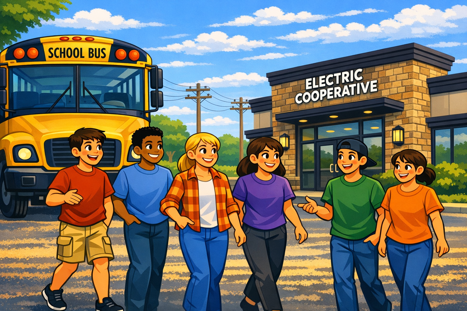 Illustration of five high school–age students walking together from a yellow school bus toward an electric cooperative building, with rural power lines, trees, and a blue sky in the background.