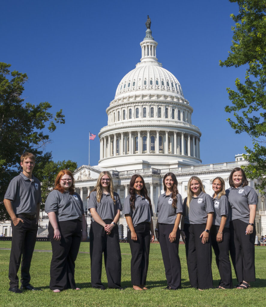 Seven Washington Youth Tour participants and their chaperone wearing gray polo shirts stand on the lawn in front of the U.S. Capitol in Washington, D.C., with the Capitol dome rising prominently behind them under a clear blue sky.